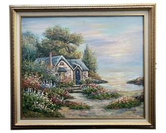 Signed B. Trapp Cottage Acrylic on Canvas
