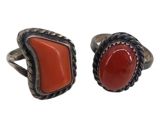 2pc. Native American Silver & Red Stone Rings
