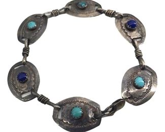 Signed Native American Silver & Turquoise Bracelet
