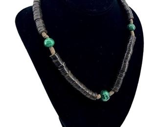 Vintage Wooden and Malachite Beaded Necklace

