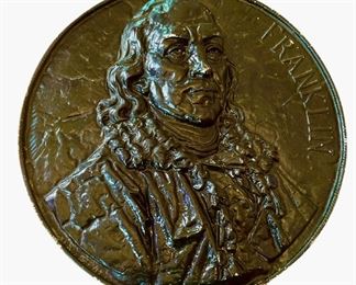Benjamin Franklin Plaque Bronze Signed Repousse A. Arens  c. 1890