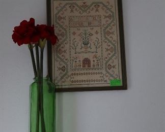Antique Handmade Embroidery  - Green Vase