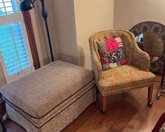 upholstered bench, variety of occasional chairs and tables