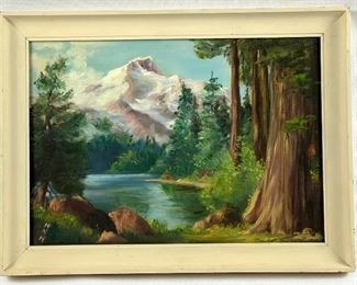 Framed Serene Mountain Landscape - Oil on Canvas by "HNW"

