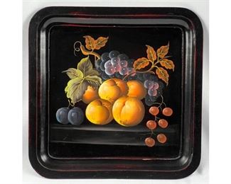 Black Wooden Tray w/ Hand Painted Oil Still Life of Colorful Fruit
