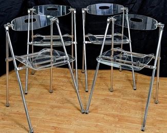 4 Lucite and Chrome Folding Chairs with Handles
