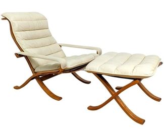 Norwegian Large Vintage Ingmar Relling for Westnofa Birch Bentwood & Leather Siesta Lounge Chair with Ottoman- Folding 