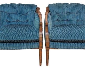 Pair Original Vintage Ox- ford Ltd. of Chicago Blue Striped Barrel Lounge Chairs w/ Carved Walnut Fram ...