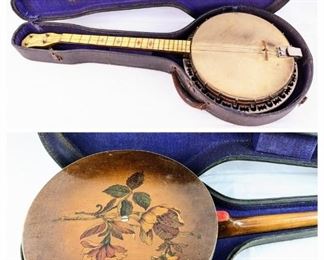 Antique Stromberg-Volsinet Tenor Banjo with Floral Decor, Hard Case