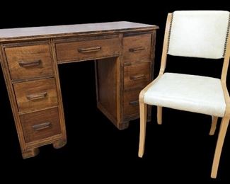 Antique Wood Desk with Vinyl Mid-Century Chair