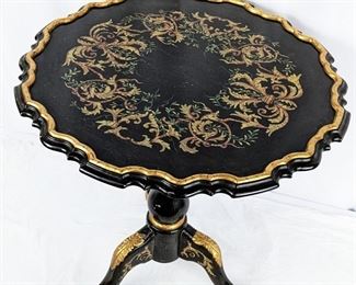 Napoleon III Style Lacquered, Hand Painted Tilt-Top Side Table with Gold Leaf Detail