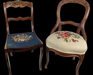Two Vintage Wood Chairs with Floral Needlepoint Seats