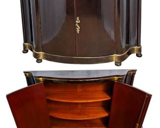 Lacquered Mahogany French Art Deco Curved Cabinet with Key & Gilt Accents 