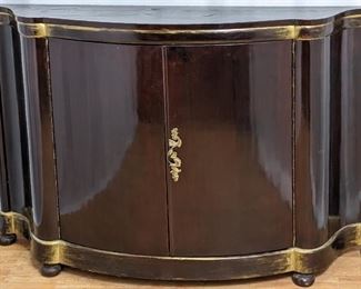 Lacquered Mahogany French Art Deco Curved Cabinet with Key & Gilt Accents 
