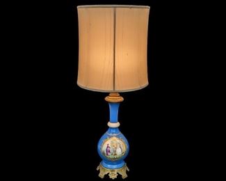 Antique Sevres Style Painted Milk Glass Table Lamp and Shade - Romantic Scene