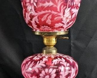 Fenton Fern Opalescent Cranberry Glass Hurricane Lamp