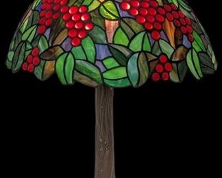 Tiffany Style Table Lamp with Red Grapes, Tree Trunk 