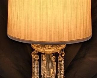 Vintage Cut Glass Table Lamp with Hanging Crystals, Shade