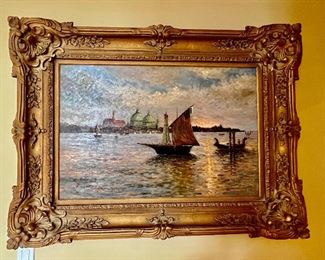 13. Oil Painting of Venice Harbor signed H. Wood (48" x 36)