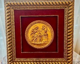 36. Gold Bas Relief Artwork on Ornate Metal Easel (14" x 10" x 22")