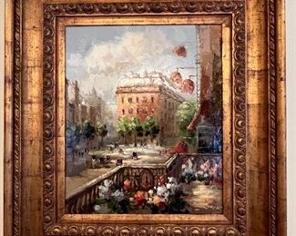 42. Signed Oil Painting of Balcony Overlooking Street Scene (35" x 38")