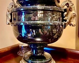 69. Black Stone Lidded Urn w/ Ram Head Handles (14")
