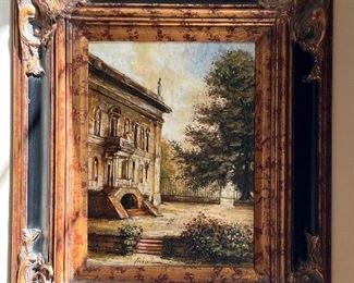 84. Courtyard Scene signed Mikail in Black Wood Frame (22" x 26")