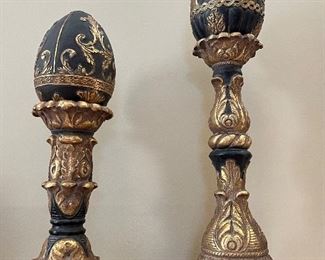 85. Pair of Black & Gold Decorative Candle Holders w/ Eggs (tall-22") (small-18")