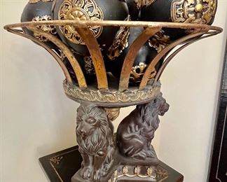 99. Decorative Basket w/ Lion Base and Ornate Gold & Black Orbs (18" x 16")