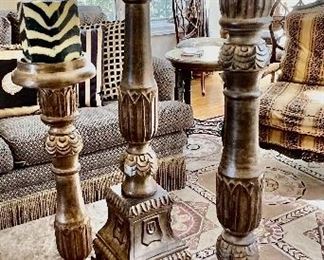 96. Set of 3 Carved Wood Candleholders (36")