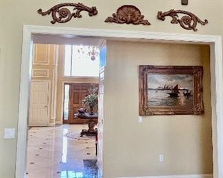 77. Pair of Maitland Smith Decorative Panels of Gold Urns on Black (24" x 66")                                                                      102. 3pc Scroll Wall Art