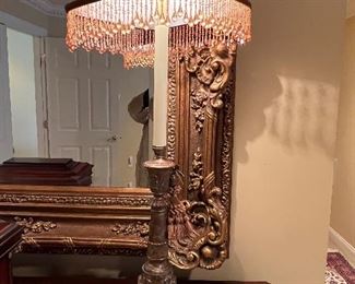  162. Pair of Urn Lamps w/ Red Scroll Design w/ Fabric Shades (33") (as is)