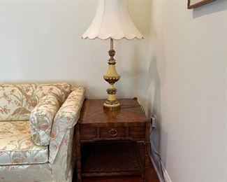 Pair of Heritage faux bamboo end tables and pair of Stiffel lamps 