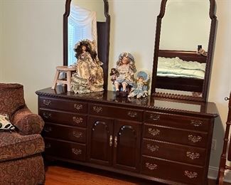 Ethan Allen dark cherry triple dresser with mirrors 