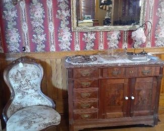 Victorian furniture, marble top side board, arm chair, mirror
