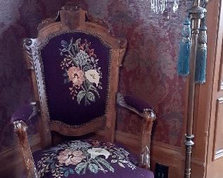 needlepoint arm chair and foot stool, Queen Victoria oval frame