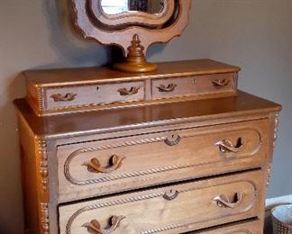 Victorian furniture, walnut carved pull dresser, wishbone mirror