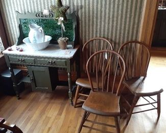 3 plank bottom chairs, marble top wash stand