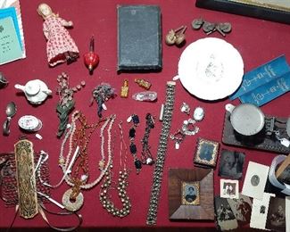 Victorian ribbon holder, jewelry, mourning bracelets, Bronson table lighter, tin types, vintage