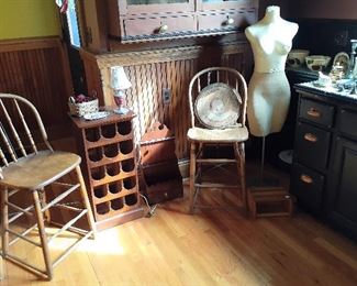 Detroit Ice Cream Shop wood stools, wine rack, vintage mannequin, spoon holder