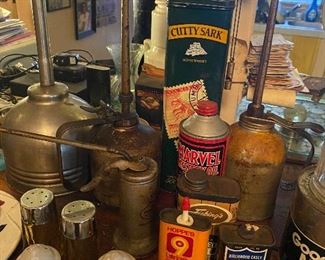 Shot glasses, salt and pepper shakers, old tins