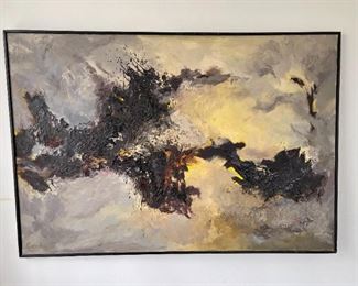 Lot 021-BR1: Large Textural Abstract

Features: 
•	Large, framed original abstract signed “Cardwell” (artist: Margaret Cardwell)
•	Dark, moody theme with yellow accents

Dimensions: 59” x 41”

Condition: Good pre-owned condition. Some bowing in frame.

