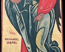 Lot 037-I: Archangel Gabriel

Features: 
•	Hand-painted/varnished religious icon on wood
•	Created (“written”) and signed/dated by our client

Dimensions: 17” x 6”

Condition: Very Good condition
