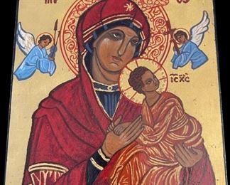 Lot 039-I: Mother of God

Features: 
•	Hand-painted/varnished religious icon on wood
•	Created (“written”) and signed/dated by our client

Dimensions: 11” x 8”

Condition: Very Good condition

