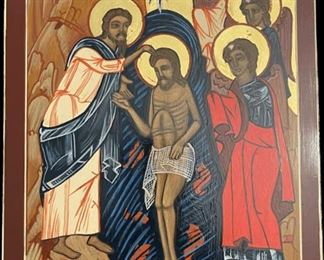 Lot 045-I: The Baptism of Jesus

Features: 
•	Hand-painted/varnished religious icon on wood
•	Created (“written”) and signed/dated by our client

Dimensions: 7.5” x 10.5”

Condition: Very Good condition

