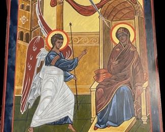 Lot 046-I: The Annunciation

Features: 
•	Hand-painted/varnished religious icon on wood
•	Created (“written”) and signed/dated by our client

Dimensions: 13” x 17”


Condition: Very Good condition
