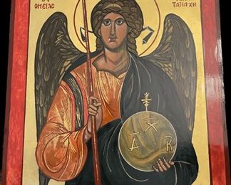Lot 047-I: Archangel Michael

Features: 
•	Hand-painted/varnished religious icon on wood
•	Created (“written”) and signed/dated by our client

Dimensions: 14” x 15.5”

Condition: Very Good condition
