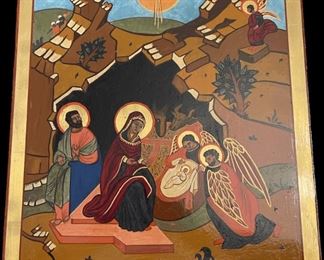 Lot 051-I: The Nativity of the Christ

Features: 
•	Hand-painted/varnished religious icon on wood
•	Created (“written”) and signed/dated by our client

Dimensions: 14” x 15.5”

Condition: Very Good condition
