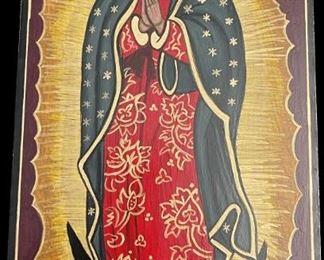 Lot 053-I: La Virgen de Guadalupe

Features: 
•	Hand-painted/varnished religious icon on wood
•	Created (“written”) and signed/dated by our client

Dimensions: 6” x 11”

Condition: Very Good condition

