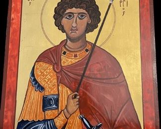 Lot 057-I: Saint George

Features: 
•	Hand-painted/varnished religious icon on wood
•	Created (“written”) and signed/dated by our client

Dimensions: 13” x 17”

Condition: Very Good condition
